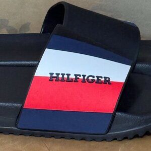 Tommy Hilfiger Signature Ring Slide Sandals 10 Black Red Blue White Striped Logo